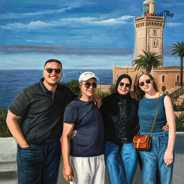 Acrylic family portrait with a lighthouse background